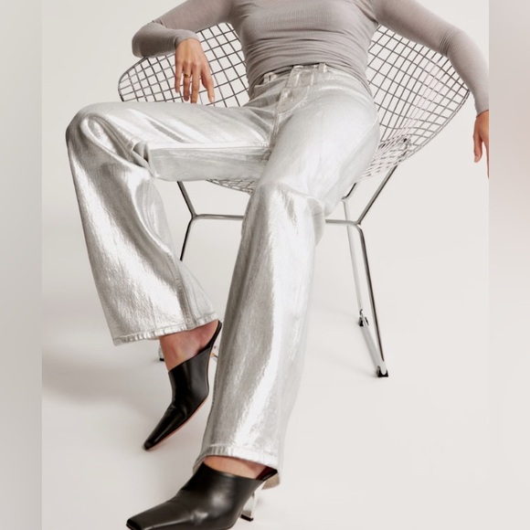 Abercrombie & Fitch Silver Metallic Vegan Leather Pants. Straight. Party. Sz 29 - Picture 4 of 12